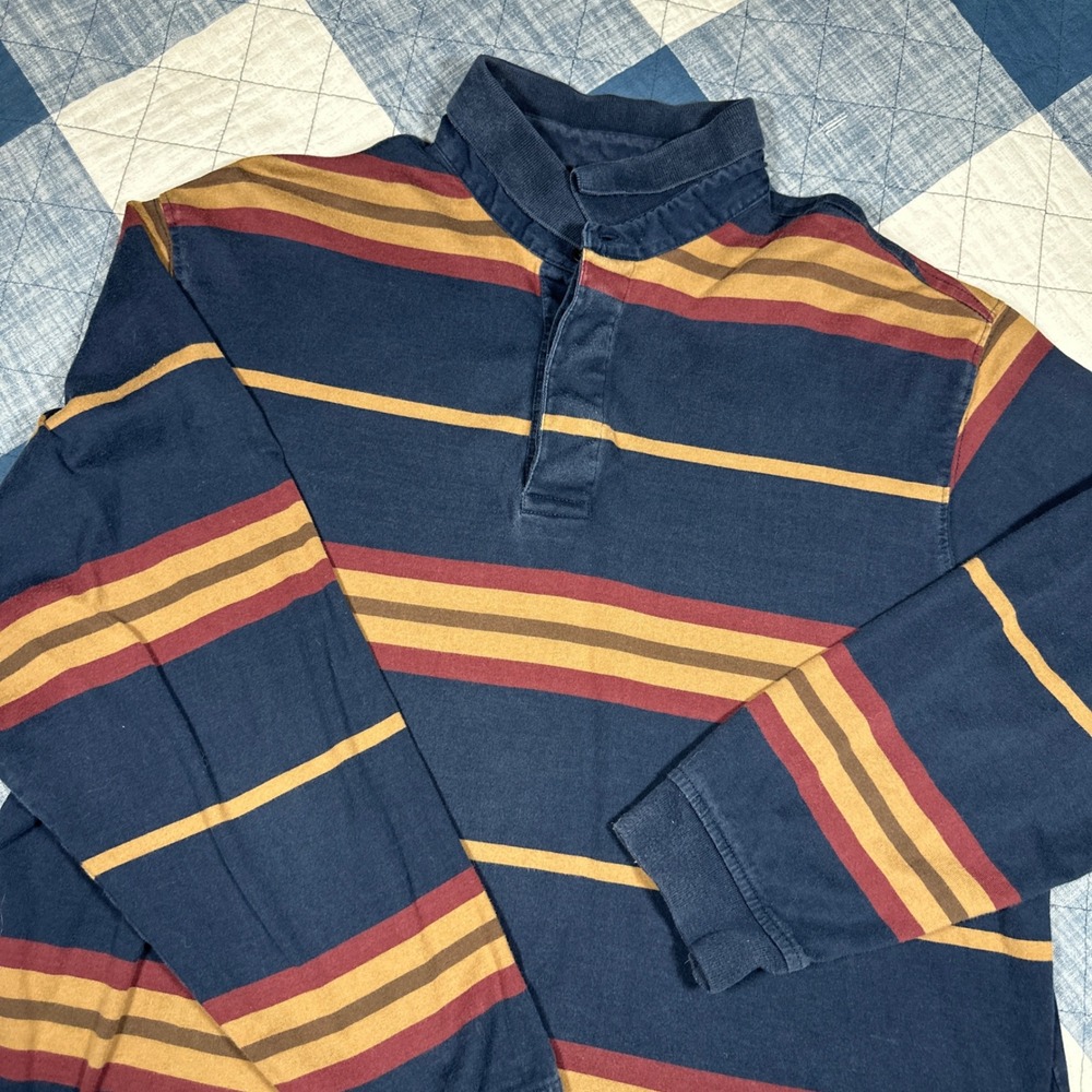 Roundtree & Yorke Mens Large Long Sleeve Striped Polo Shirt Navy Burgundy Cotton - Picture 2 of 5